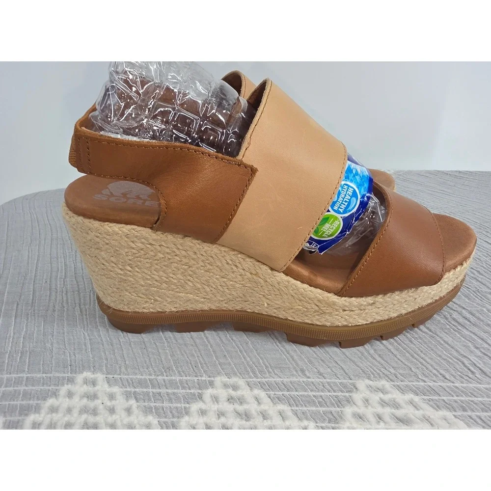 Sorel Joanie II Espadrille Wedge Sandals Tan Brown Leather Slingback 8.5